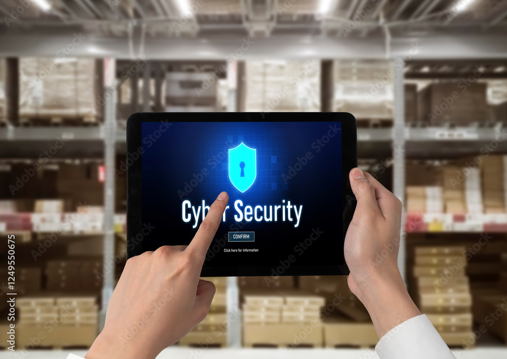 Poster cyber security system on computer screen protect private information snugly from hacker and cyber at