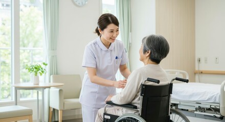 Obraz premium Caring nurse assisting elderly patient in wheelchair at a bright hospital room with greenery outside
