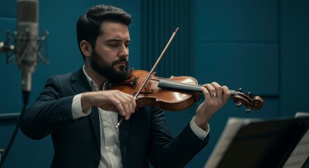 Fototapeta premium A focused musician performing a classical piece on the violin in a modern recording studio setting