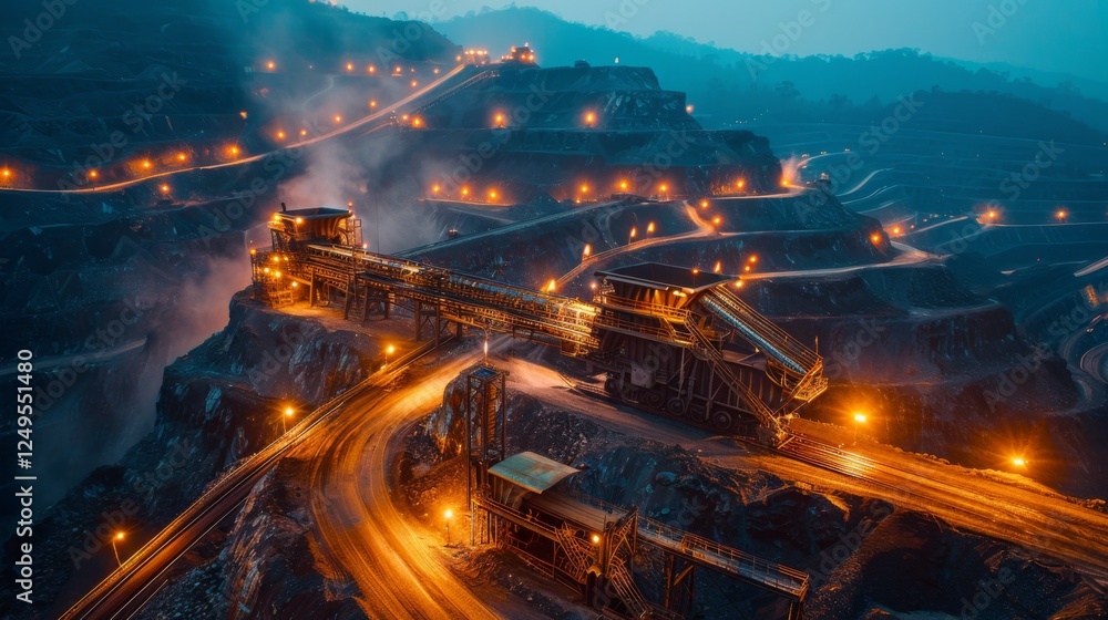 Aufkleber A mining operation is illuminated in the twilight, showcasing conveyor belts and machinery against a backdrop of rugged hills and a winding road, creating a captivating industrial landscape.