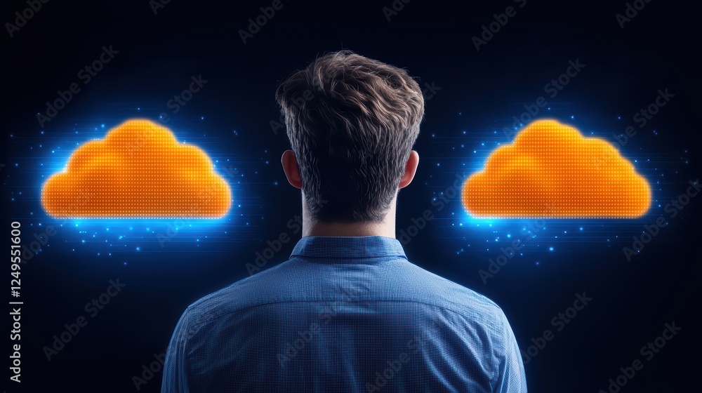 Poster man contemplating data storage options with digital cloud graphics