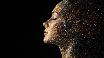 A profile of a woman's face adorned with shimmering glitter, set against a dark background, creating a striking and artistic visual effect.