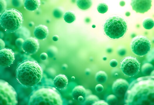 Close-up view of green viral particles illustrating the concept of an avian flu outbreak, floating in a luminous abstract background. Copy space
