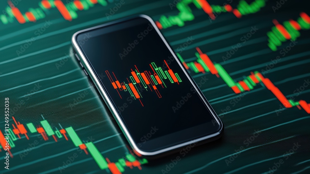 Poster smartphone displaying stock market data and financial graph analysis