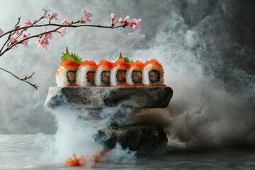 A captivating arrangement of sushi rolls perched on an abstract stone pedestal, enhanced by a sakura branch and flowers