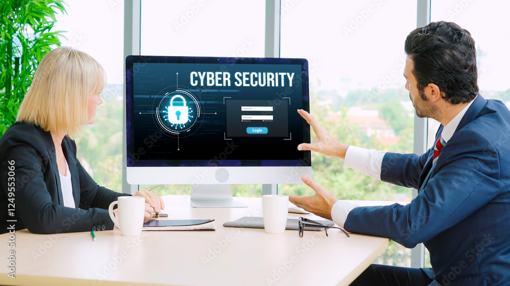 Poster cyber security system on computer screen protect private information snugly from hacker and cyber at