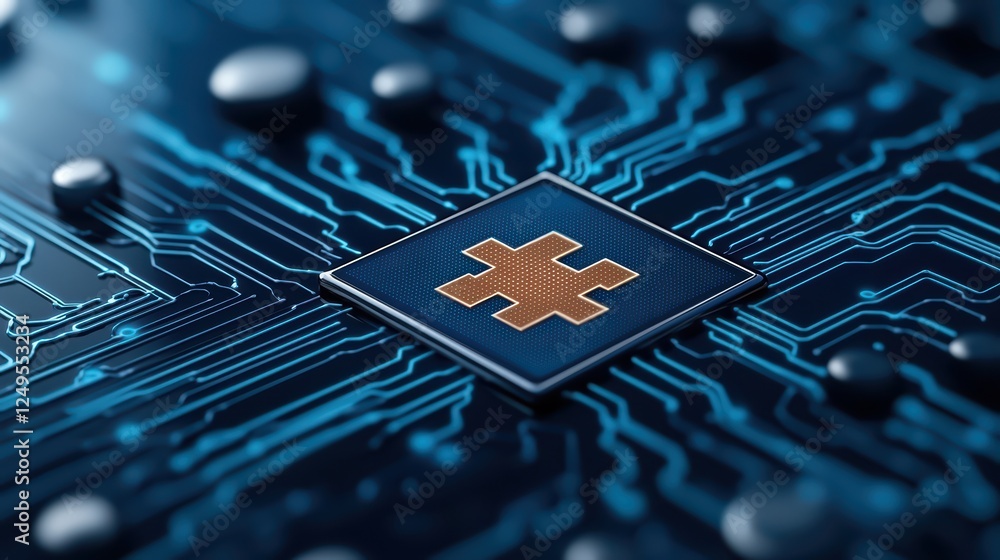 Poster circuit board with puzzle piece design symbolizing technology integration