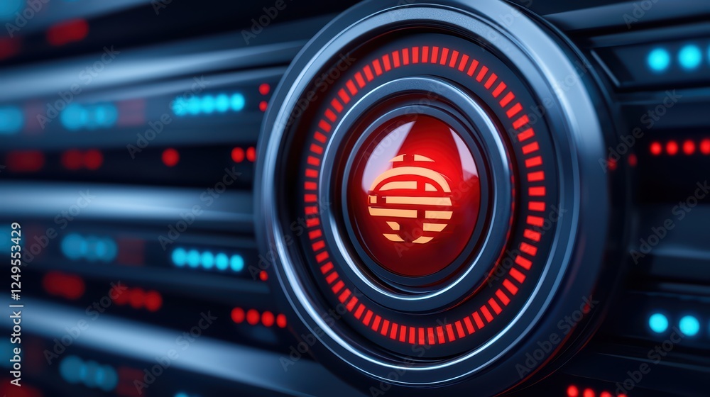 Poster futuristic button with red glow on digital background design