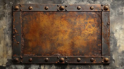 A rusted copper metal panel with prominent rivets, aged and distressed against a textured concrete backdrop.