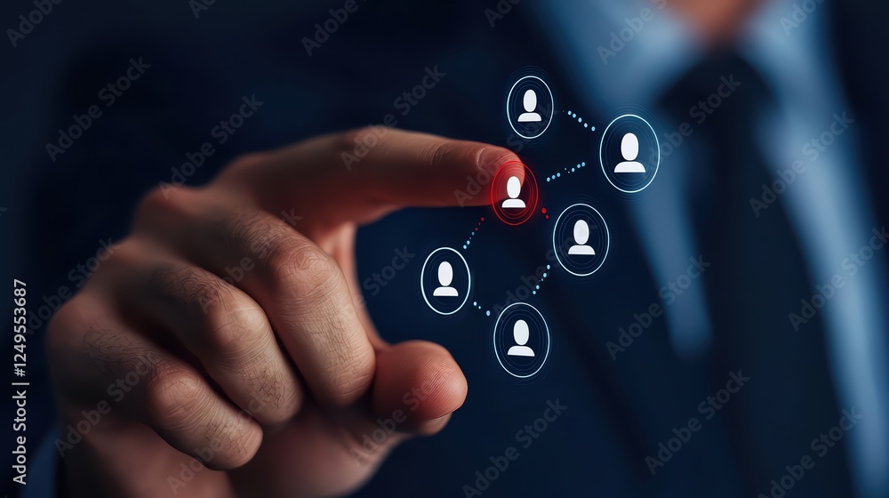 Poster businessman using touchscreen to connect digital users in network