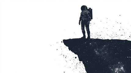 A silhouette of an astronaut looking at a distant galaxy from the edge of an alien cliff, minimalistic and retro-styled