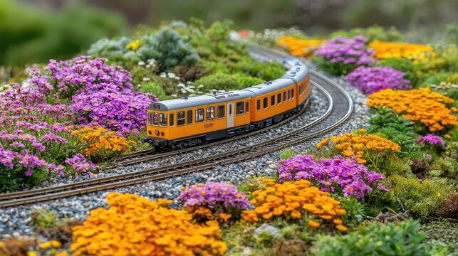 A miniature train navigates a colorful floral landscape on a model railway.