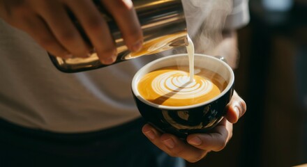 Barista pouring steamed milk into a coffee cup, creating latte art in a cozy café setting