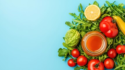 Fresh Vegetables and Juice on Blue Background for Healthy Lifestyle