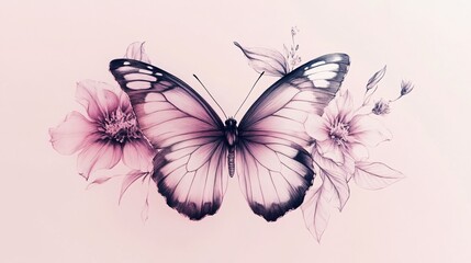 Elegant Pastel Butterfly and Flowers Artistic Pencil Sketch