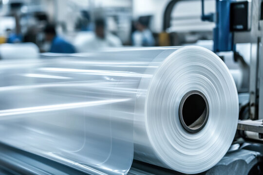 Automatic polyethylene plastic bag production machine with lighting effect. Close-up of the roller of the plastic bag production machine in the light blue scene. product packaging concept 