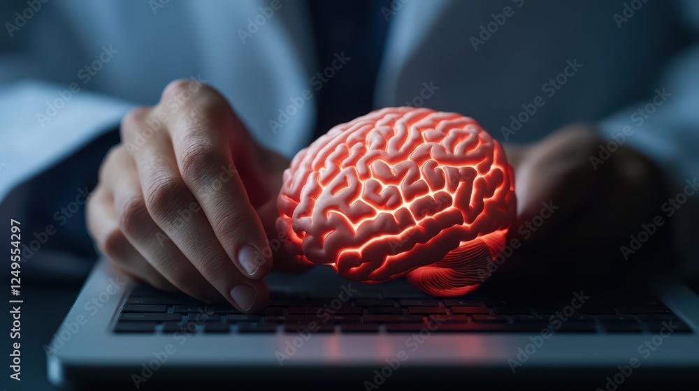 Poster human brain model with neon glow on computer keyboard background