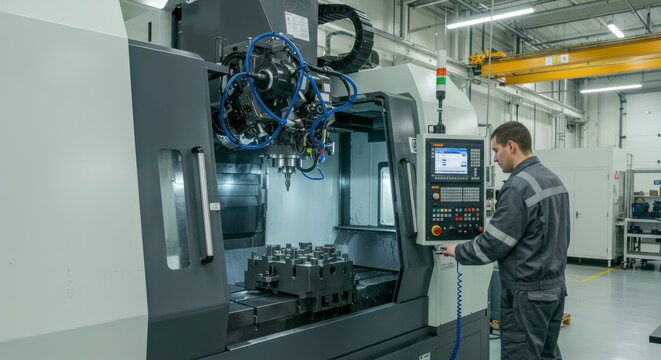 Worker operating advanced CNC machine in modern manufacturing facility with machinery in background