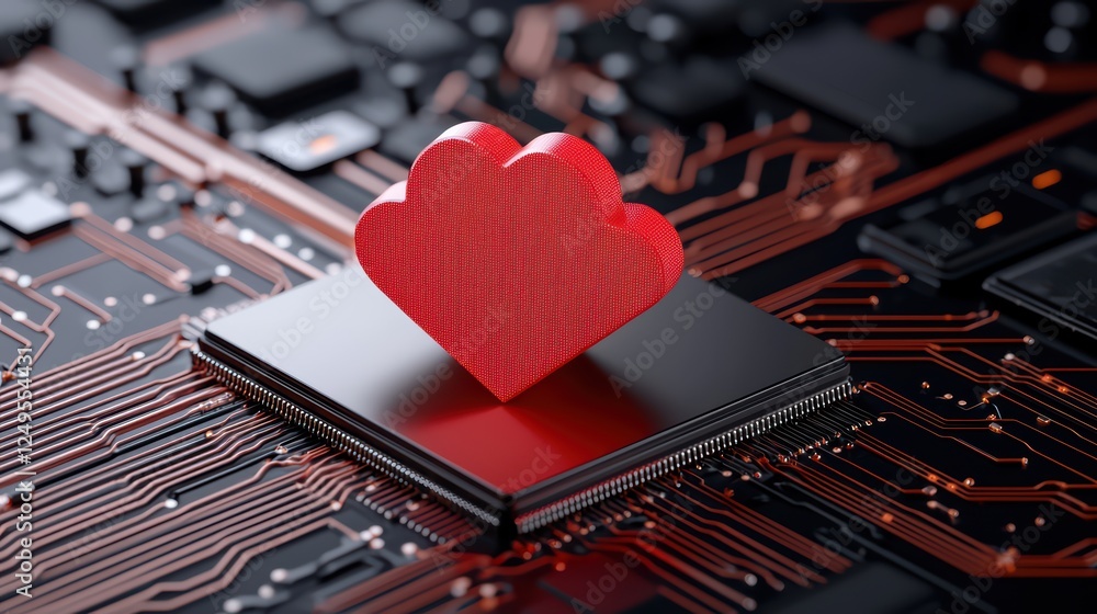 Poster love symbol on microchip with circuit board background concept