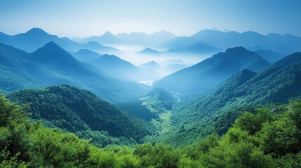 Obraz premium Misty Mountain Valley Sunrise Landscape, Scenic View