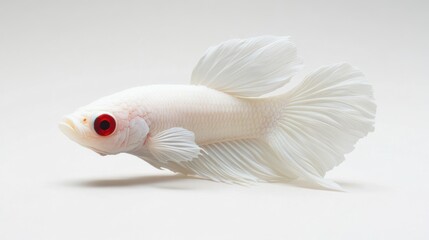 Fototapeta premium A snow-white albino betta fish with striking red eyes, perfectly still against a white background.