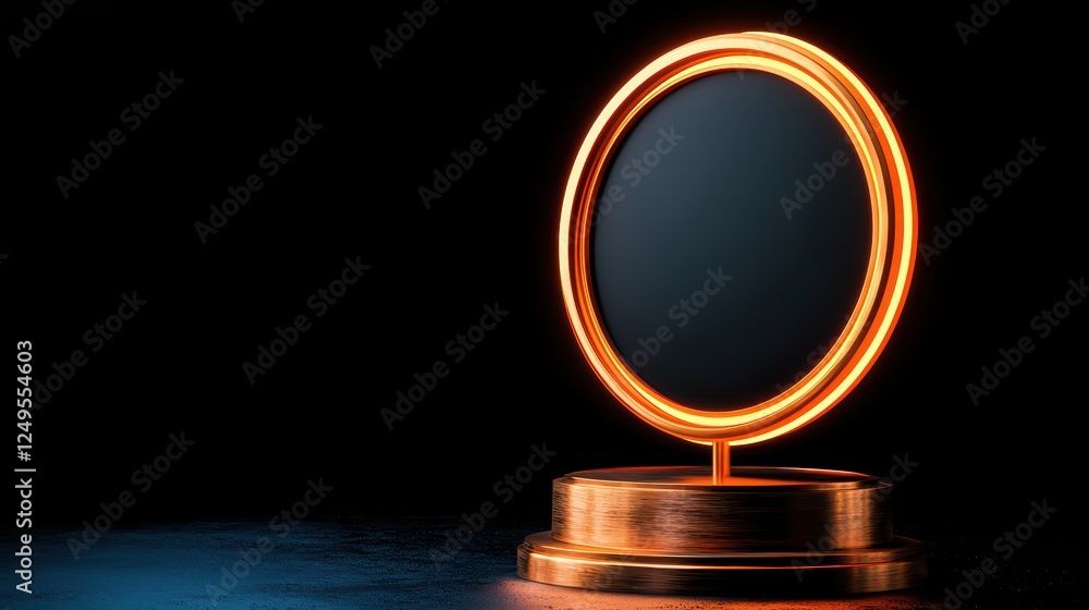 Poster elegant circular mirror with vibrant glow in a dark setting