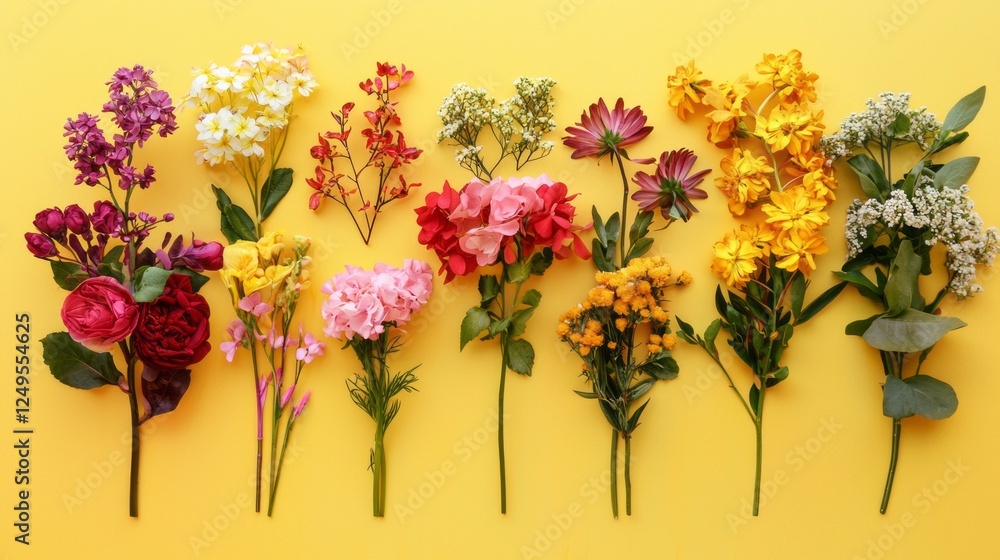 Poster A stunning display features an array of colorful flowers elegantly laid out on a vibrant yellow background. Each bloom dazzles with its unique hue, perfect for creative projects