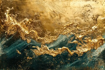 Naklejka premium Abstract painting featuring metallic gold textures with blue accents