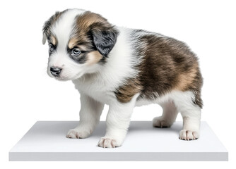 Cute puppy standing on a white surface with fur