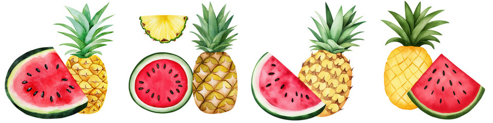 First day of summer element, Fresh summer fruits, watermelon and pineapple, in vibrant colors, isolated on transparent background.