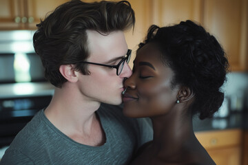 Mixed races man and a woman are hugging each other