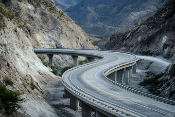  Scenic mountain highway with winding curves, surrounded by rugged terrain and breathtaking landscapes, ideal for travel enthusiasts, road trip inspiration, and nature lovers