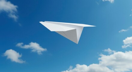 A paper airplane soaring through a clear blue sky with fluffy clouds in the background