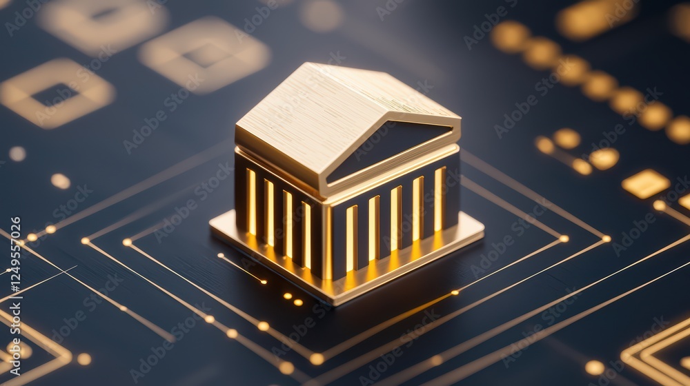 Aufkleber golden bank building on digital background with circuit patterns