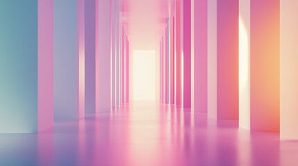 A long hallway with pink walls and pink pillars
