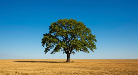 Fototapeta premium A solitary tree standing tall in a golden field under a clear blue sky, symbolizing tranquility and nature