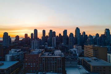 Naklejka na ściany i meble Sunrise cityscape aerial view, urban skyline, downtown buildings, golden hour, city panorama