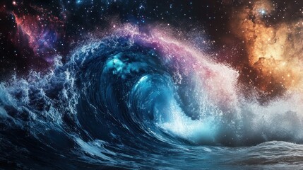 Fototapeta premium A vibrant, swirling ocean wave with neon blues and purples, set against a cosmic galaxy background