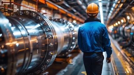 Intricate pipe network and equipment within the expansive tunnel of the large hadron collider