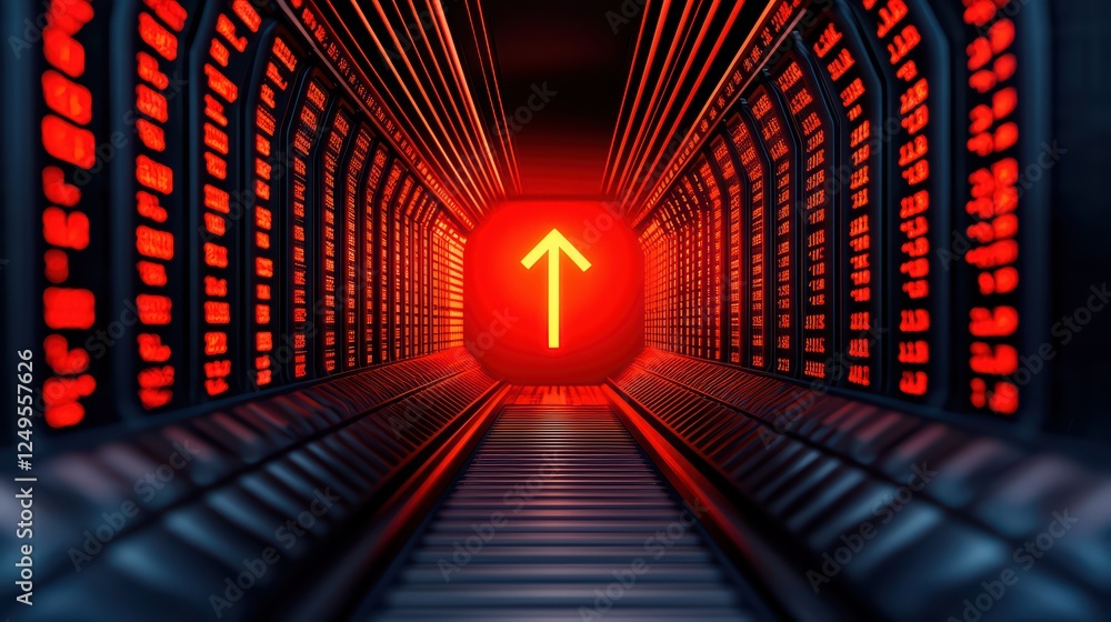 Poster futuristic tunnel with glowing red arrow in high-tech environment
