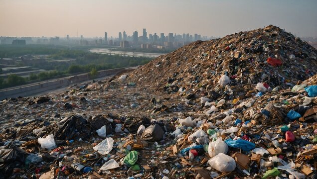 View of a large garbage dump against the background of the city