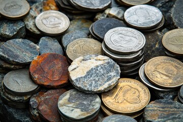 Coins and colorful round rocks intermixed in a full frame