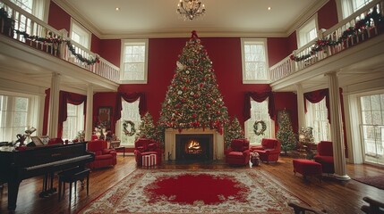 A beautifully decorated Christmas living room with a large tree and festive decor.