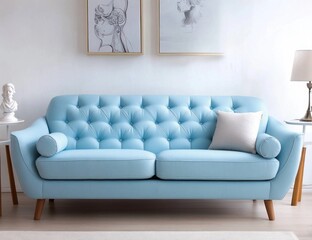 Light blue tufted sofa in modern living room.