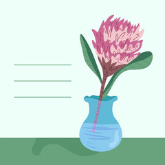 A vase with an exotic flower on the table, a vector hand-drawn illustration. A place for the text, a square background with a flower. Design of stickers, postcards, magnets.
