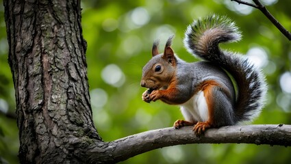 Fototapeta premium A view of a squirrel sitting on a tree