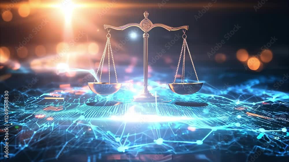 Poster a digital representation of scales symbolizing justice, balanced over a network of glowing lines and