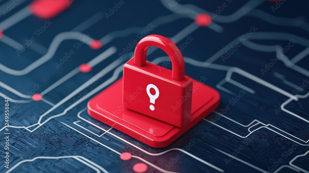 Poster red padlock on digital circuit board with question mark symbol