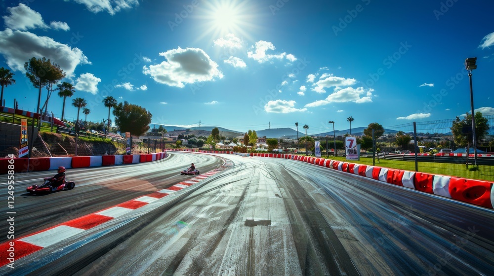 Poster two go kart racers compete on a winding track under a bright blue sky, with palm trees and scenic mo