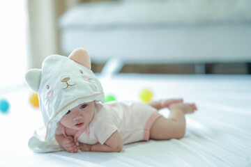 Cute little boy with bunny hat.